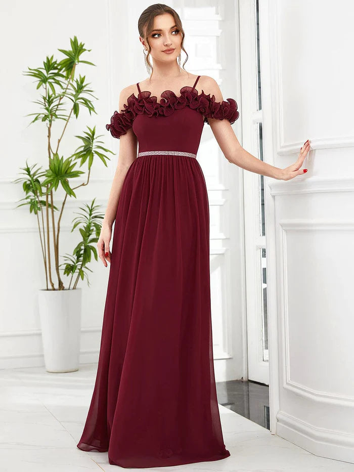 Cold Shoulder Ruffled Sequin Waist A-Line Chiffon Bridesmaid Dress