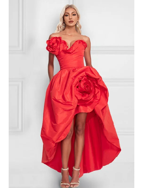 A-Line Cocktail Dress Red Green Dresses Celebrity Style Dress Party Wear Wedding Party Asymmetrical Sleeveless Strapless Satin with Shouder Flower