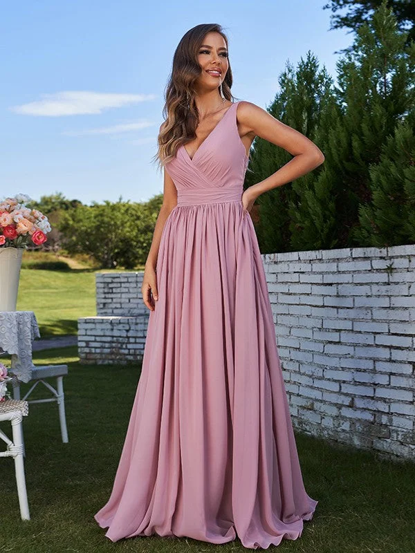 A-Line/Princess Chiffon Ruched V-neck Sleeveless Sweep/Brush Train Bridesmaid Dresses