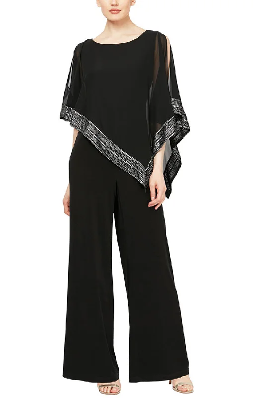 Jersey Jumpsuit with Asymmetrical Chiffon Cape with Foil Trim