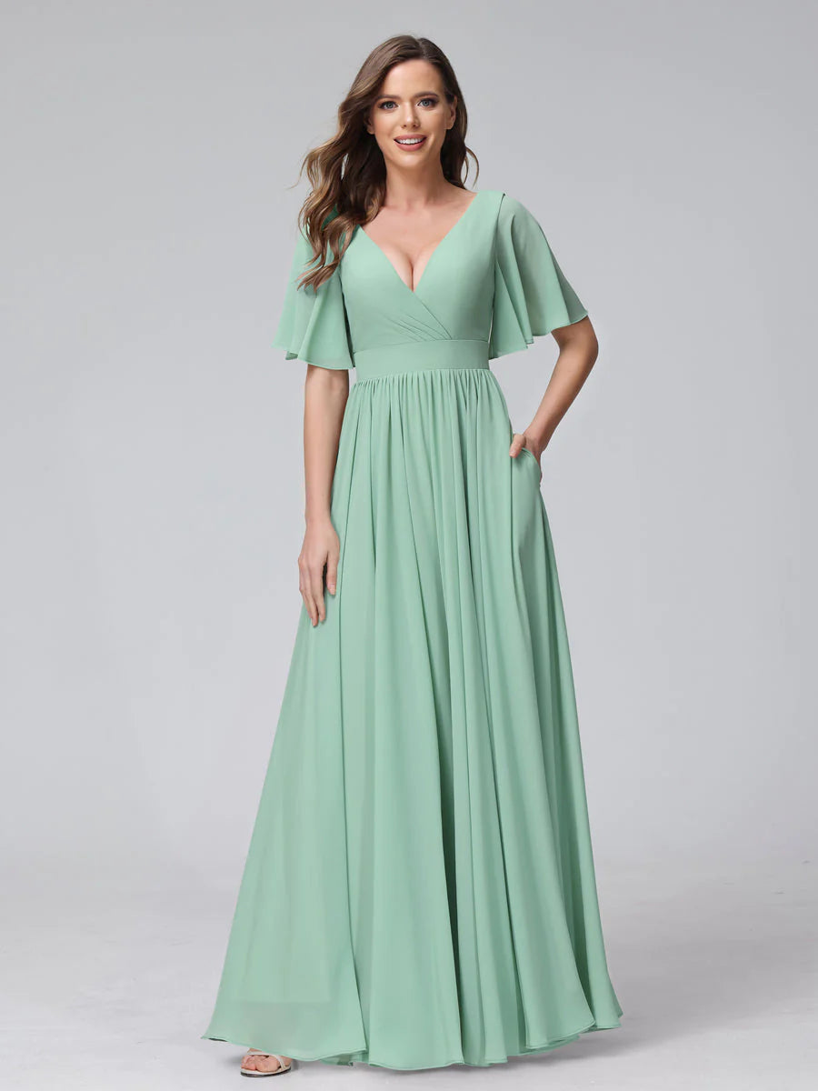 A-Line V-Neck Half Sleeves Long Chiffon Bridesmaid Dresses With Ruffles Split Side Pockets