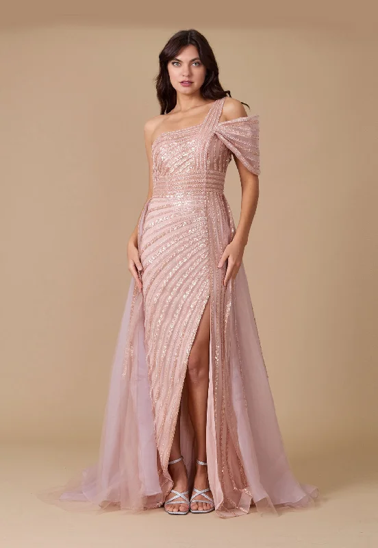 Long Couture Hand Beaded Cold Shoulder Formal Dress Rose Gold