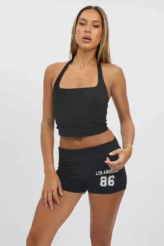 Black Folded Waist Biker Shorts