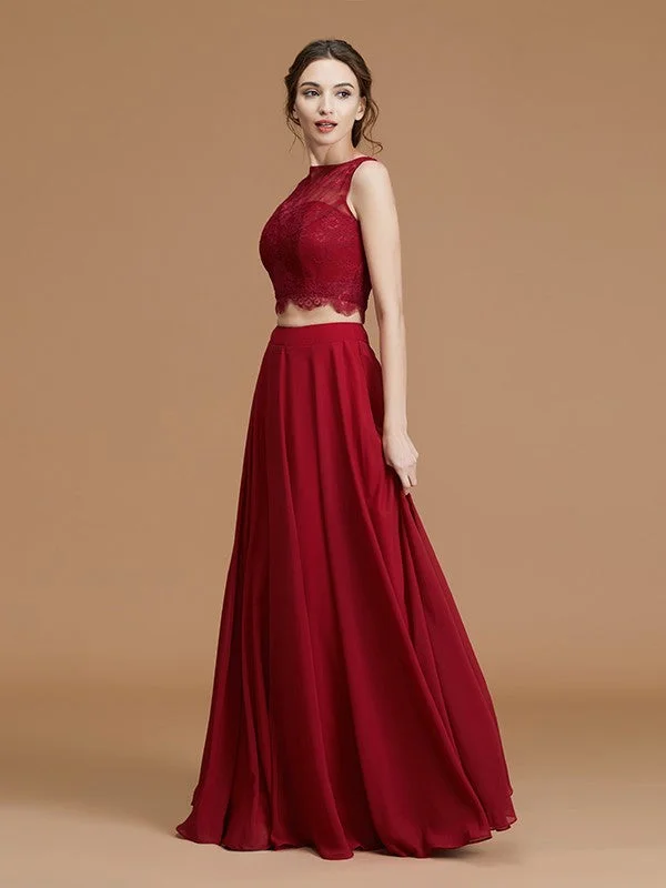 A-Line/Princess Bateau Sleeveless Floor-Length Lace Chiffon Bridesmaid Dresses