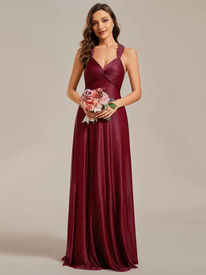 Glittery Pleated V-neck Adjustable Back Lace-Up Sleeveless Bridesmaid Dress