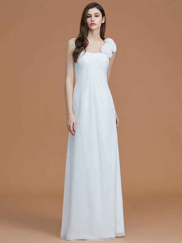 A-Line/Princess One-Shoulder Sleeveless Floor-Length Hand-Made Flower Chiffon Bridesmaid Dresses