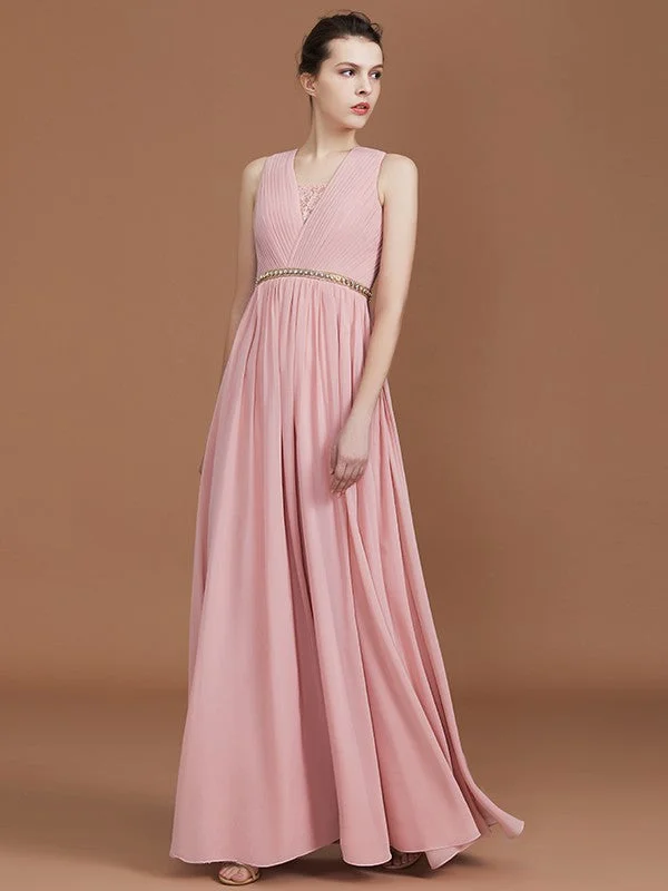 A-Line/Princess Lace Sleeveless Floor-Length Chiffon Ruched V-neck Bridesmaid Dresses