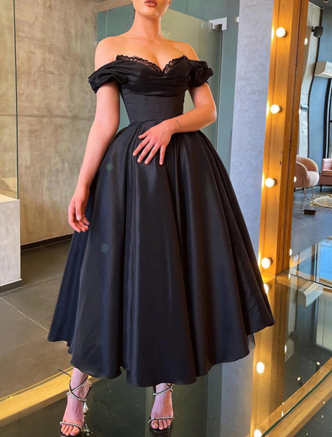 A-Line Prom Black Dress Vintage Dress Masquerade Wedding Party Tea Length Short Sleeve Off Shoulder Fall Wedding Guest Satin with Ruched