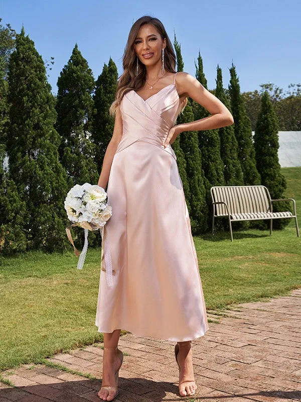 A-Line/Princess Silk like Satin Ruched V-neck Sleeveless Ankle-Length Bridesmaid Dresses