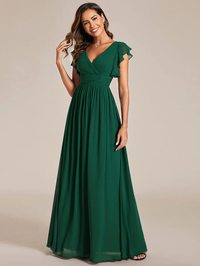 Elegant V-Neck Open Back Chiffon Bridesmaid Dress with Ruffled Sleeves