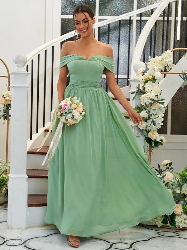 A-Line/Princess Chiffon Ruffles Off-the-Shoulder Sleeveless Floor-Length Bridesmaid Dresses