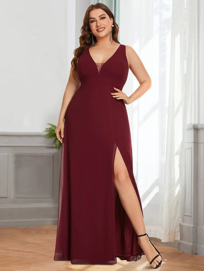 Deep V Open Back Slit Long Plus Size Bridesmaid Dress