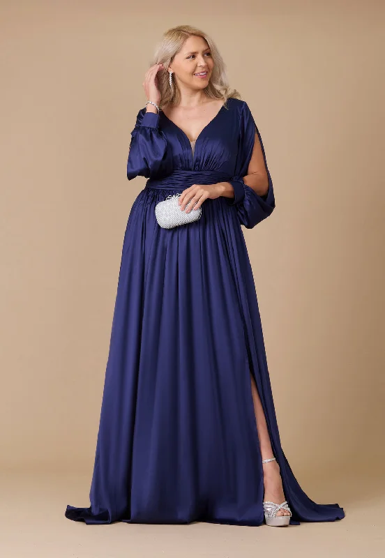 Long Open Sleeve Satin Formal Dress