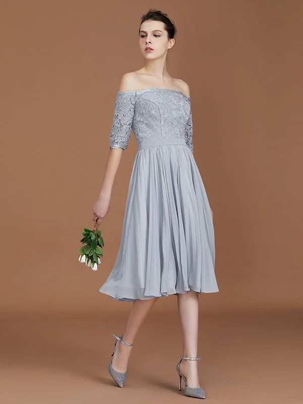 A-Line/Princess Off-the-Shoulder Short Sleeves Lace Tea-Length Chiffon Bridesmaid Dress