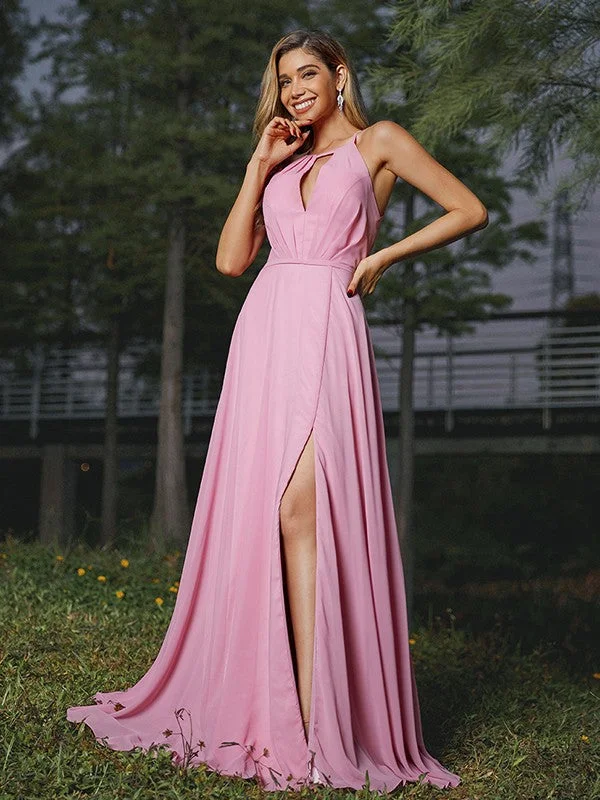 A-Line/Princess Chiffon Ruched Scoop Sleeveless Sweep/Brush Train Bridesmaid Dresses