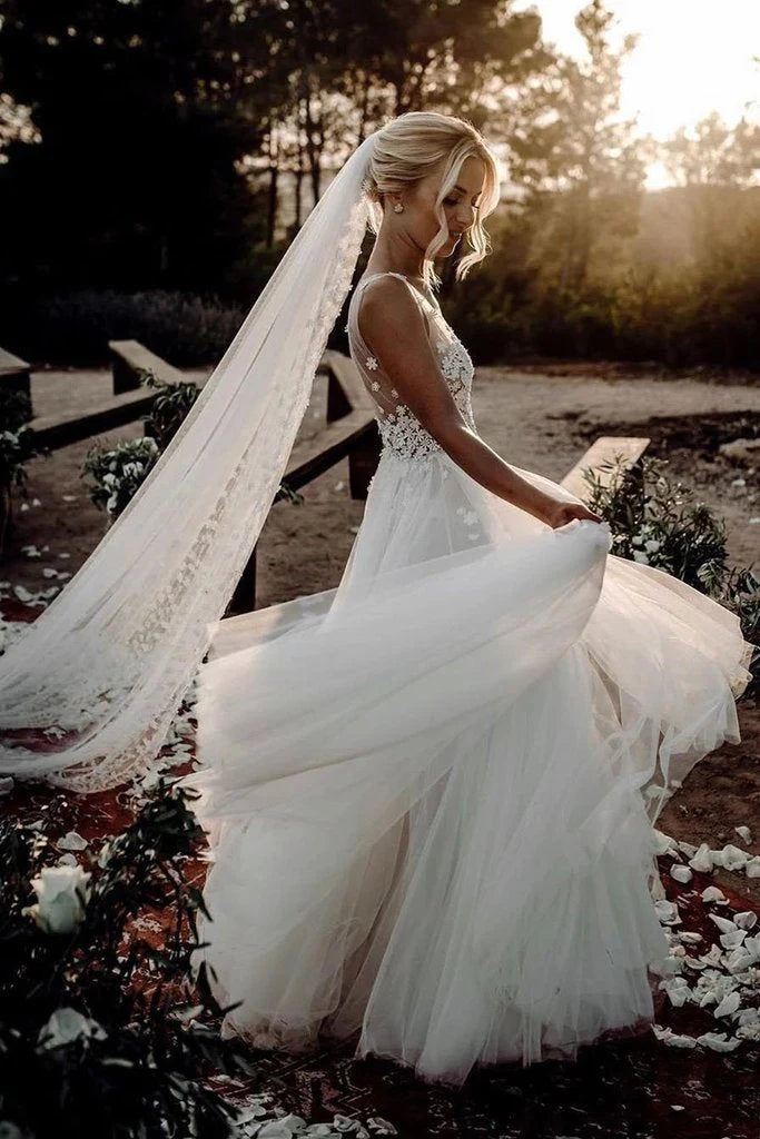 Elegant A Line V Neck Tulle Wedding Dresses with Flowers