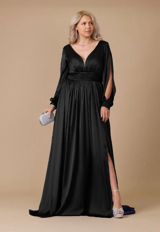 Long Open Sleeve Satin Formal Evening Dress Black