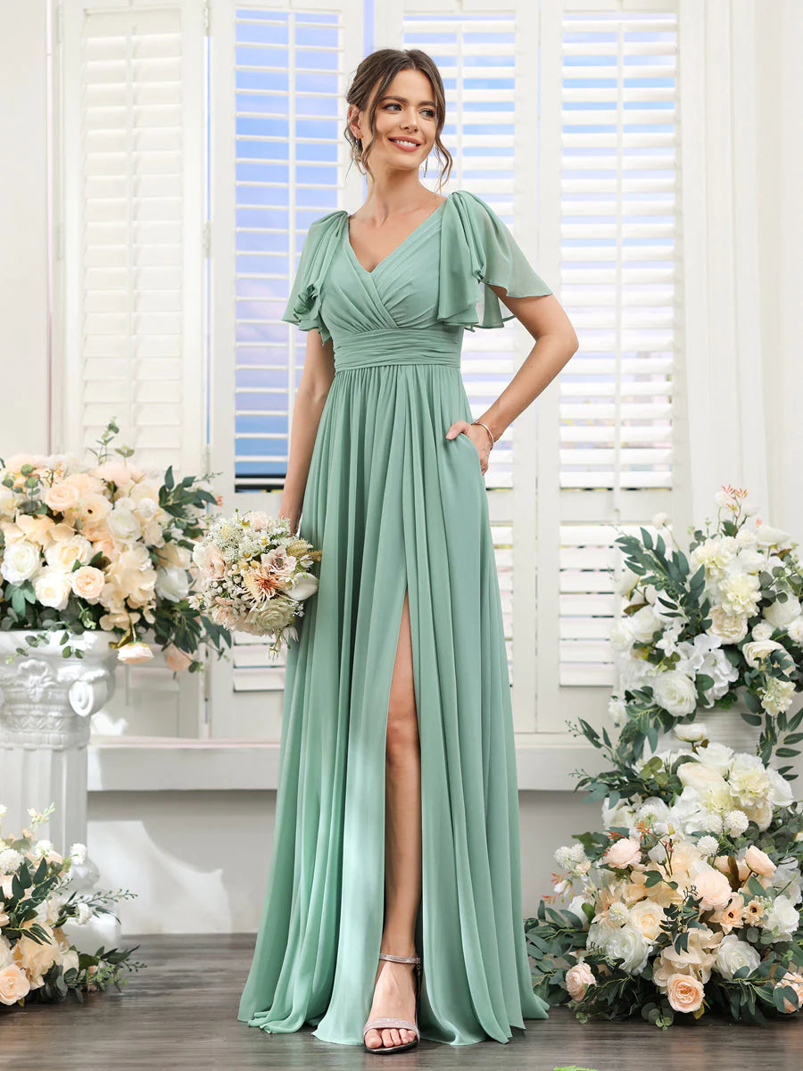 A-Line V-Neck Short Sleeves Split Side Chiffon Bridesmaid Dresses With Pockets