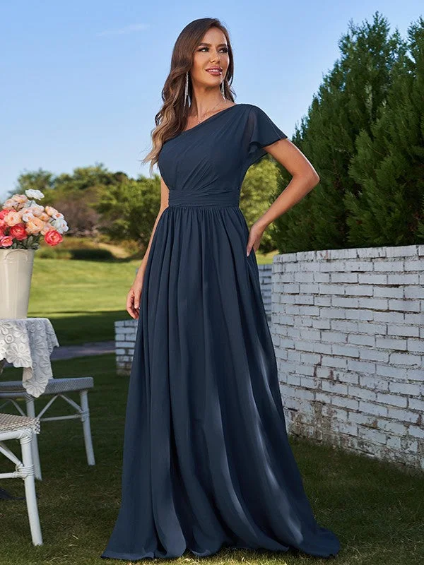 A-Line/Princess Chiffon Ruched One-Shoulder Short Sleeves Floor-Length Bridesmaid Dresses