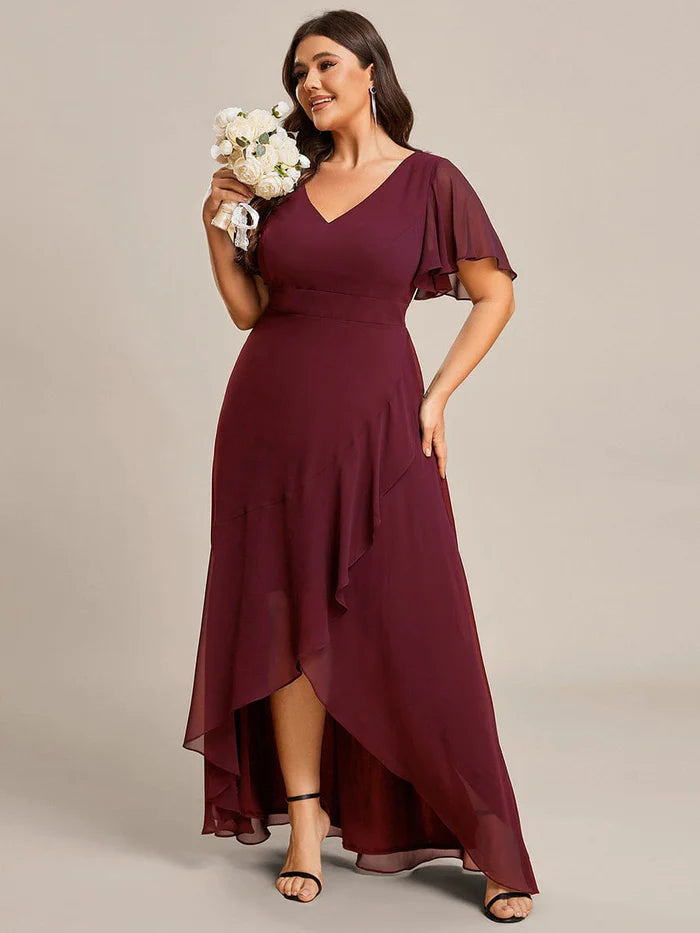 Plus Size Elegant Lotus Sleeves Chiffon Bridesmaid Dress