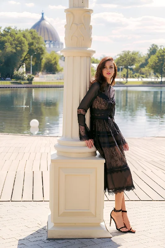 Long Sleeve Lace Formal Black Cocktail Dress