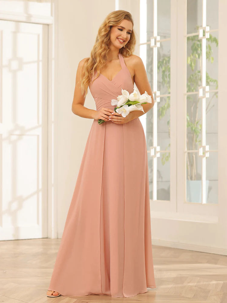 A-Line/Princess Halter Long Bridesmaid Dresses With Split Side