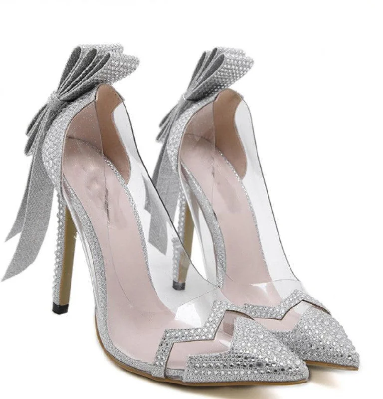 Silver Bowtie Butterfly Knot Wedding High Heel Shoes