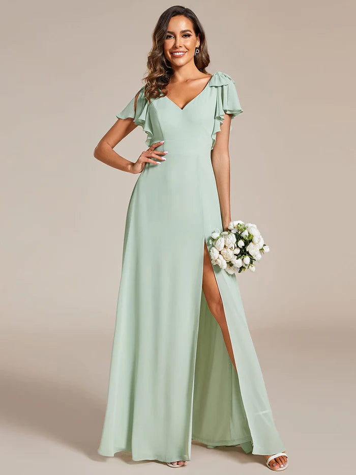 Short Sleeves with Bowknot High Front Slit A-Line Chiffon Bridesmaid Dress