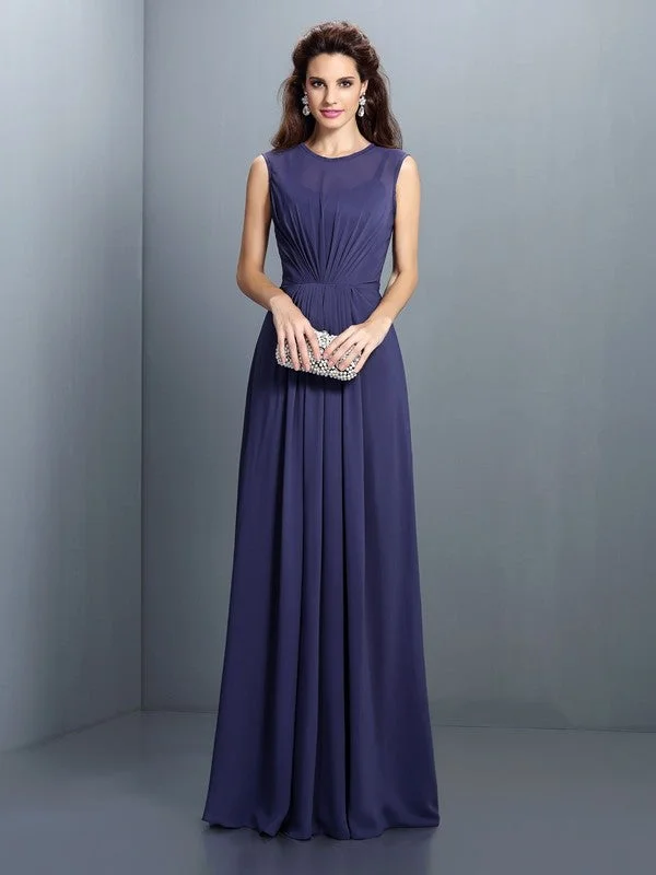 A-Line/Princess High Neck Pleats Sleeveless Long Chiffon Bridesmaid Dresses