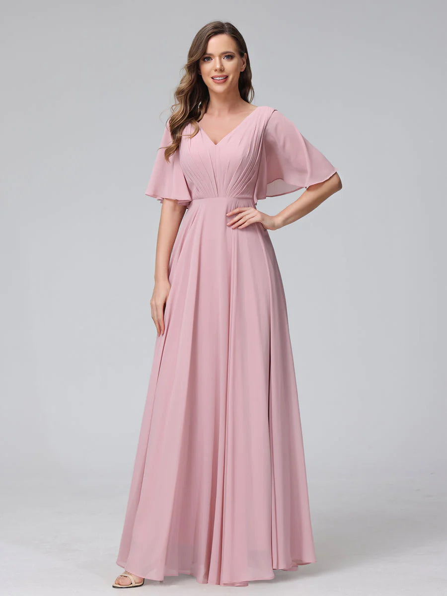 A-Line V-Neck Half Sleeves Long Chiffon Bridesmaid Dresses With Ruffles Pockets