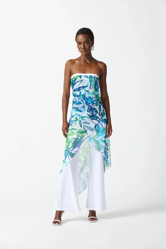 Mesh and Silky Knit Tropical Print Jumpsuit