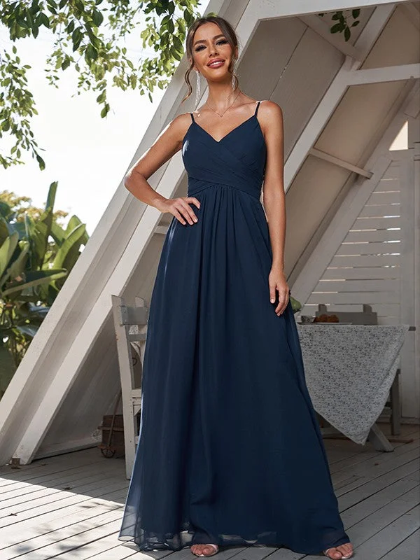 A-Line/Princess Chiffon Ruched V-neck Sleeveless Floor-Length Bridesmaid Dresses