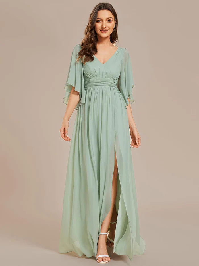 Half Sleeve V-Neck Pleated High Slit A-Line Chiffon Bridesmaid Dress