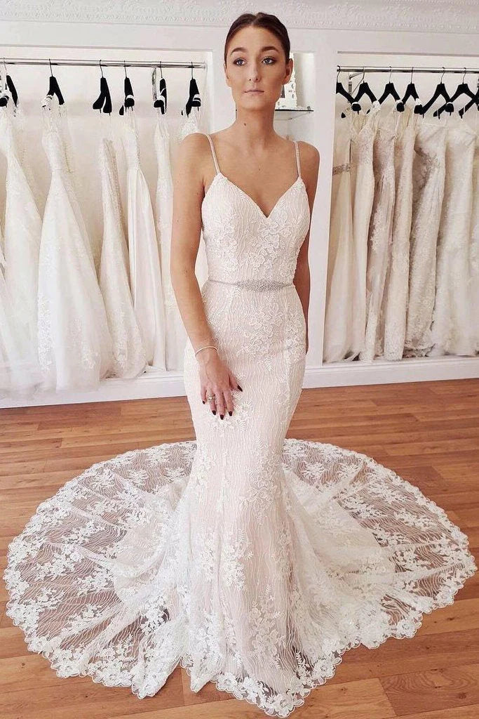 Elegant Spaghetti Straps Mermaid V Neck Lace Wedding Dresses Beach Bride Dresses