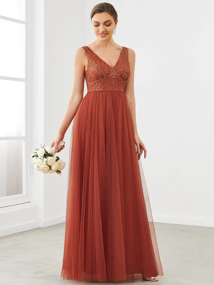 Lace V-Neck Sleeveless Tulle A-Line Bridesmaid Dress