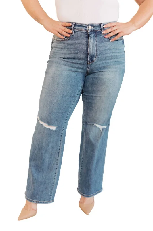 High Rise Control Top Distressed Straight Jeans In Medium Wash