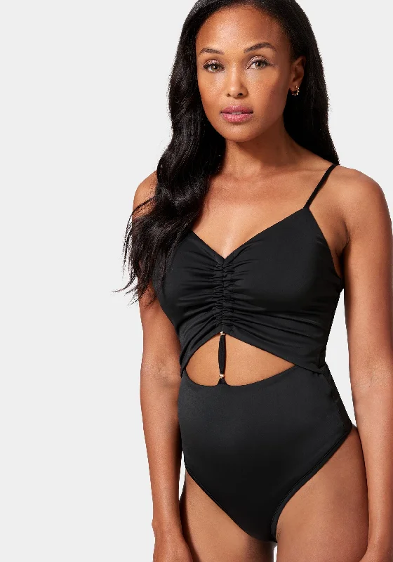 Front Keyhole Ruched Knit Bodysuit