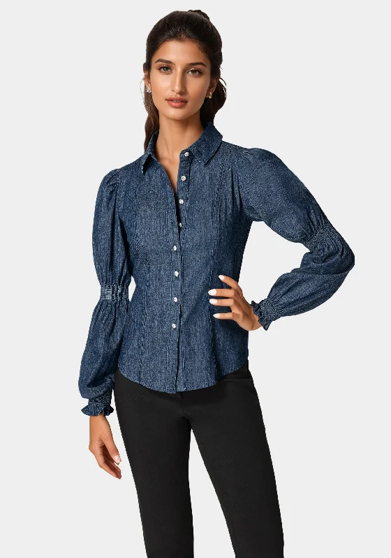 Jewel Detail Smoked Denim Blouse