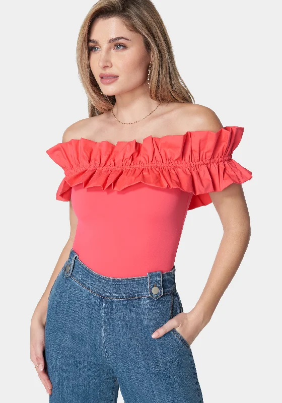 Off Shoulder Poplin Ruffle Knit Bodysuit