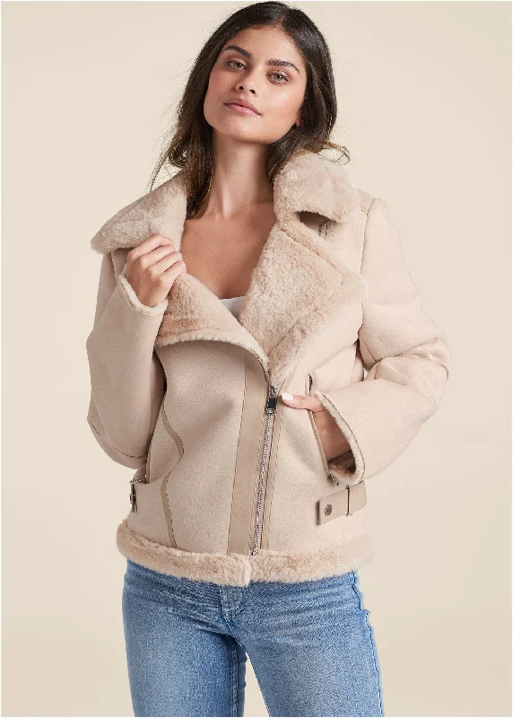 Faux-Shearling Coat - Ivory