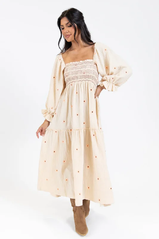 Dress To Impress Beige Floral Stitched Smocked Top Dress