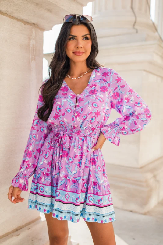 Finding My Place Purple and Blue Wrap Top Border Print Dress FINAL SALE