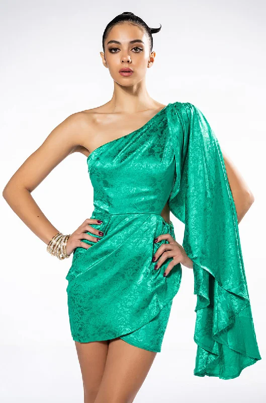 GLAM ONE SHOULDER DRAPED SATIN MINI DRESS