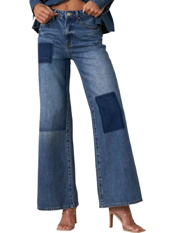 Relaxed Wide Leg Patchwork Jeans In Blue