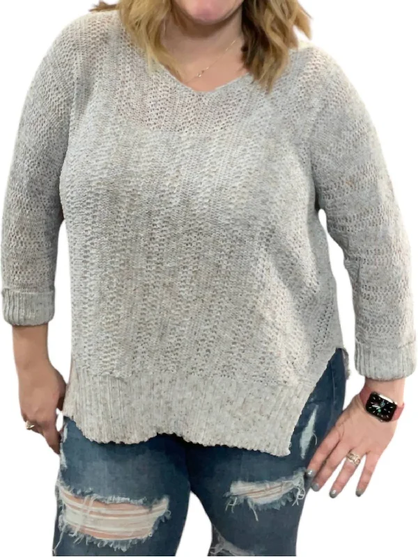 3/4 Sleeve Yarn Pullover Sweater In Grey