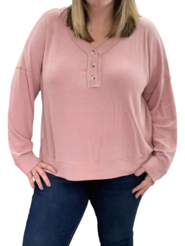 Ribbed Henley Sweater In Blush