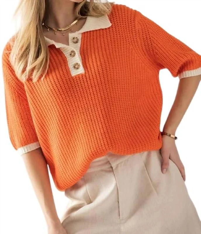 Two Tone Contrast Quarter Button Knit Sweater In Orange