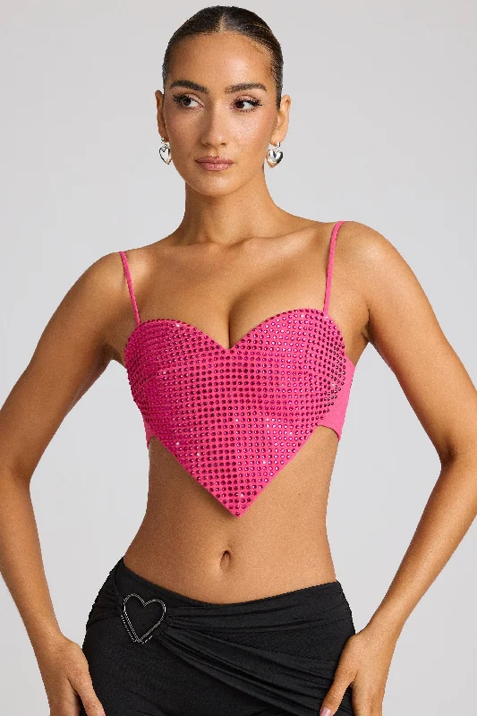 Embellished Heart Detail Crop Top in Magenta