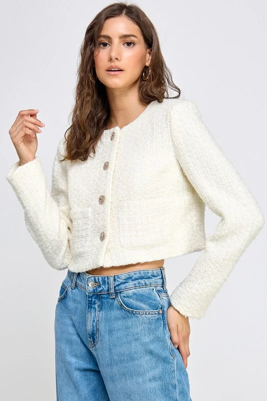 Cecily Long Sleeve Tweed Cropped Jacket Ivory