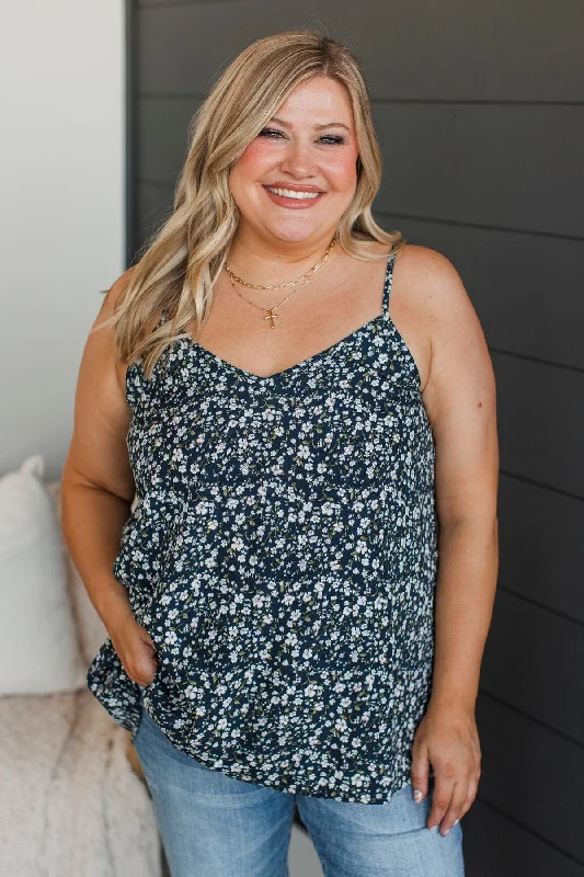 Entrancing Smiles Floral Tank Top- Navy